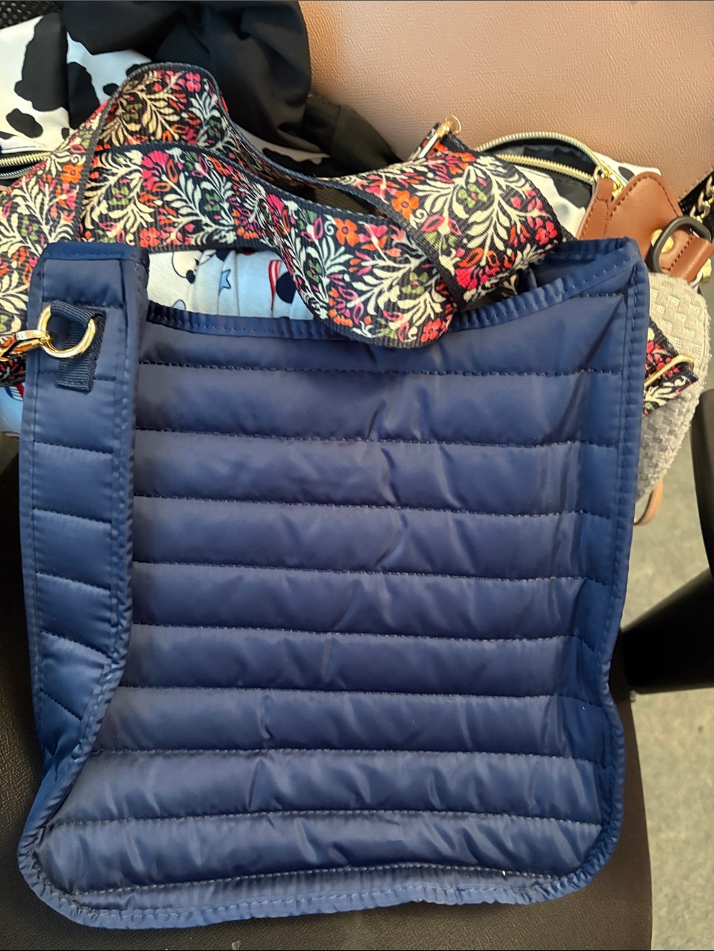 Quilted Navy Shoulder Bag with Floral Strap - Unbranded